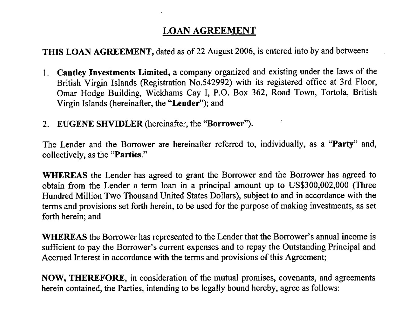 Screenshot met de overeenkomst om $ 3000 miljoen te lenen