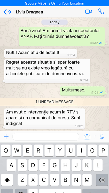 A screenshot of a WhatsApp message exchange in which Liviu Dragnea denies having anything to do with the unannounced inspection of RISE Project. (Photo: RISE Project)