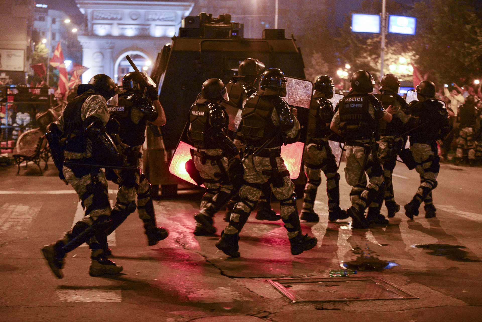 Riot police face off against protesters in the centre of Skopje, capital of the Republic of Macedonia. Credit: Robert Atasanovski