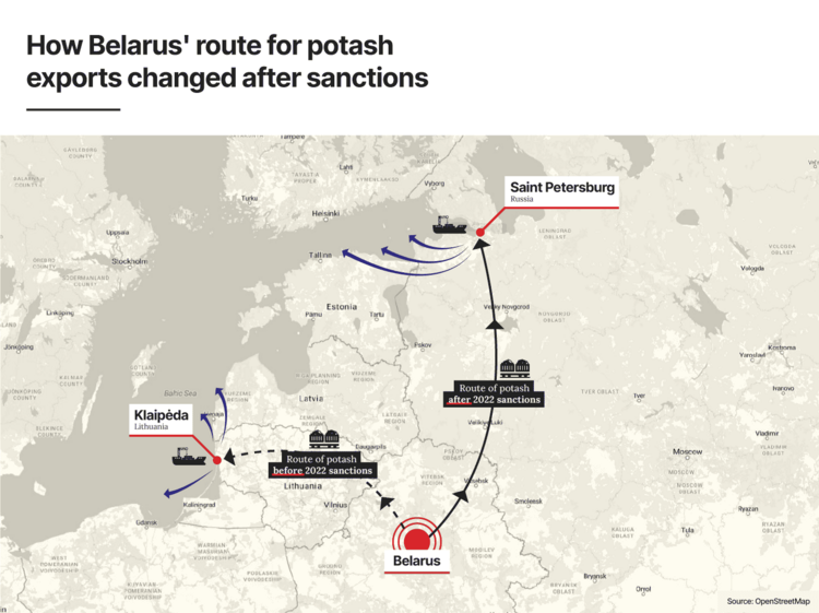 Map showing how Belarus' routes for potash exports changed after sanctions