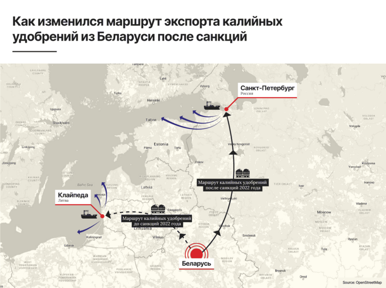 Map showing how Belarus' routes for potash exports changed after sanctions