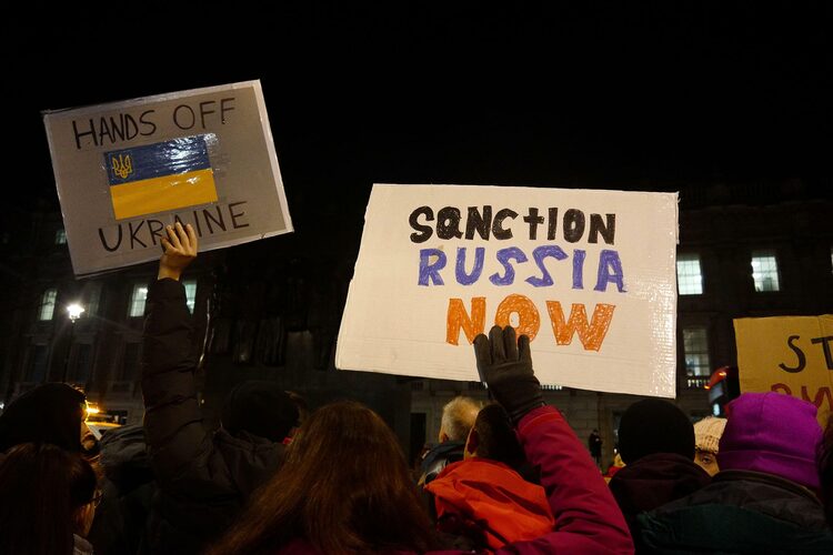 People in London protesting against Russia's full-scale invasion of Ukraine