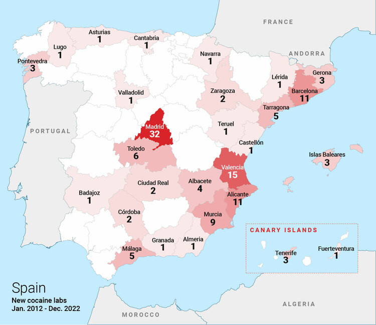 Kaart met de verspreiding van cocaïnelaboratoria in Spaanse gemeenten