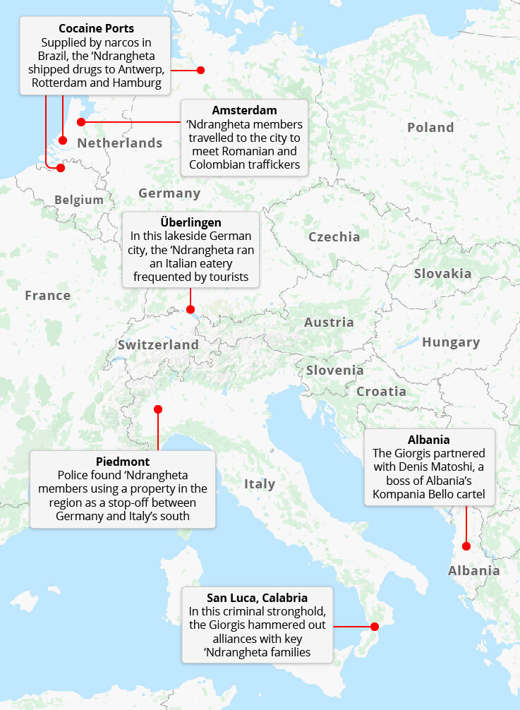 Een illustratie van belangrijke locaties in het Europese netwerk van Giorgis