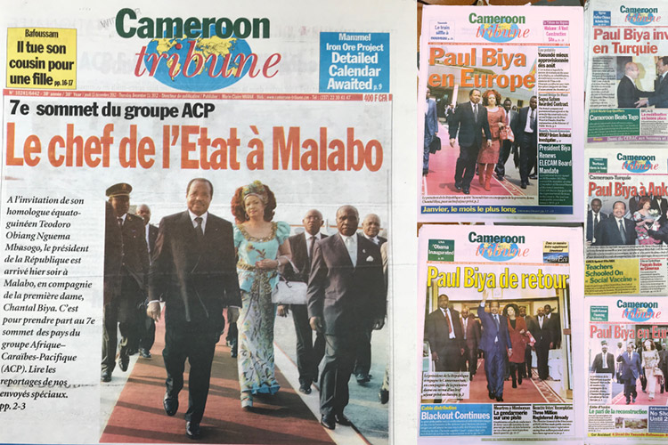 Pages from the Cameroon Tribune relating to Paul Biya's travels. OCCRP journalists used the state newspaper as a primary source to chart the president’s numerous foreign trips since taking office. (Image: OCCRP / Authors.) Some rights reserved.